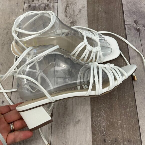 Lulu's Lace-up Strappy White Sandals Size 8.5 M Square Toe Low Block Heel - Picture 4 of 13